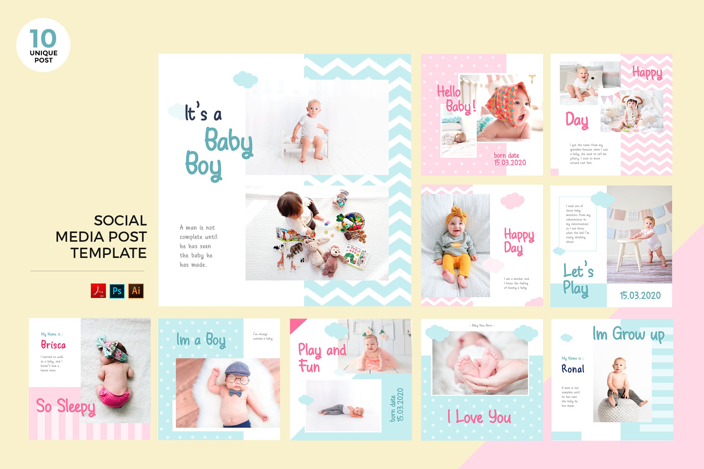 新生儿＆婴儿品牌推广社交媒体PSD＆AI模板大洋岛精选 Newborn Baby Social Media Kit PSD & AI Template插图
