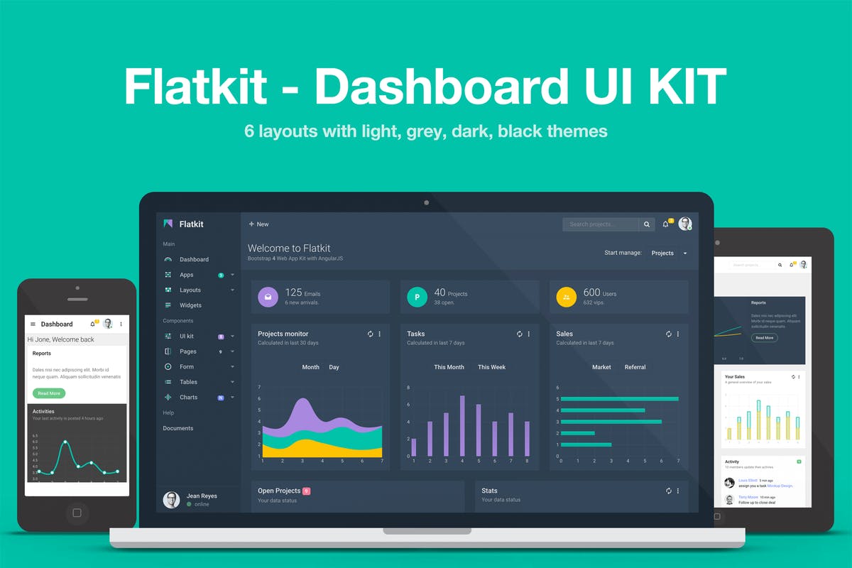 数据统计风格网站后台管理界面HTML模板第一素材精选 Flatkit – Dashboard UI KIT插图