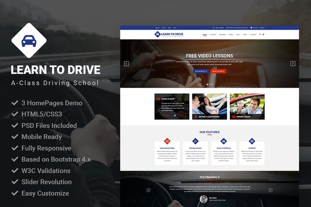 驾驶培训驾校网站设计模板第一素材精选 LearnToDrive | Driving School & Lessons Template插图(1)
