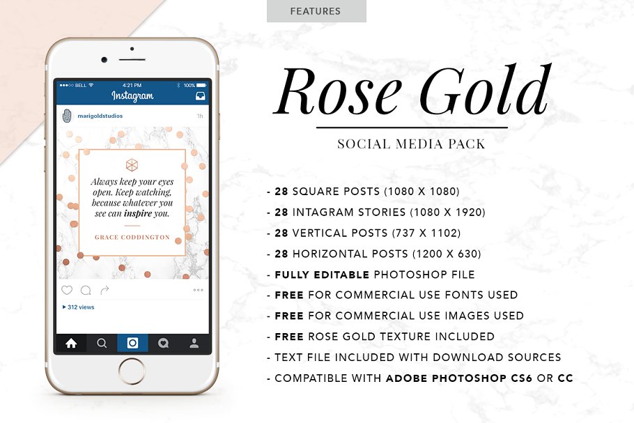 轻奢玫瑰金主题社交媒体贴图模板蚂蚁素材精选 ROSE GOLD | Social Media Pack插图(1)