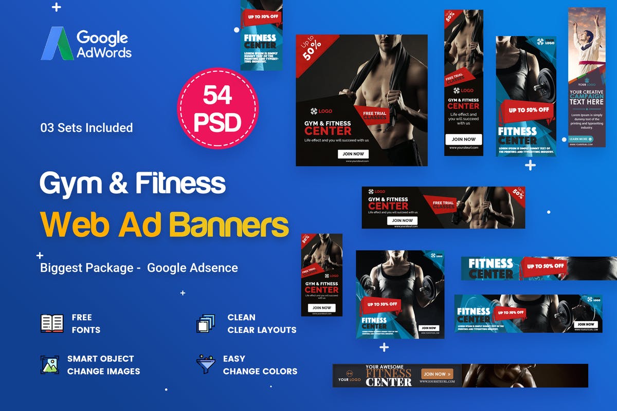 54款健身俱乐部行业Banner蚂蚁素材精选广告模板 Fitness Banners Ad – 54 PSD插图