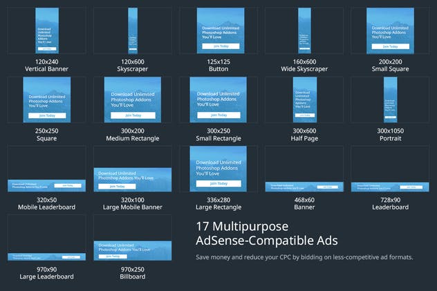 17个多用途AdSense尺寸兼容蚂蚁素材精选广告模板素材 Multipurpose Vibrant Overlay Ad Set插图(1)
