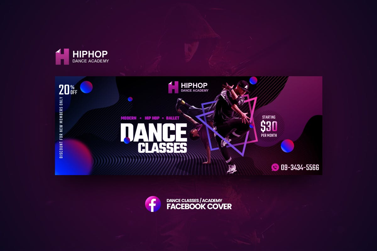 流行街舞舞蹈培训课程Facebook封面模板第一素材精选 Hiphop – Dance Classes Facebook Cover Template插图