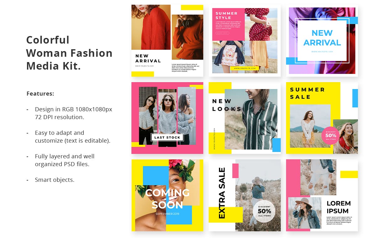 适合时尚品牌营销的社交媒体设计素材包 Social Media Kit Colorful Fashion Woman插图(2)