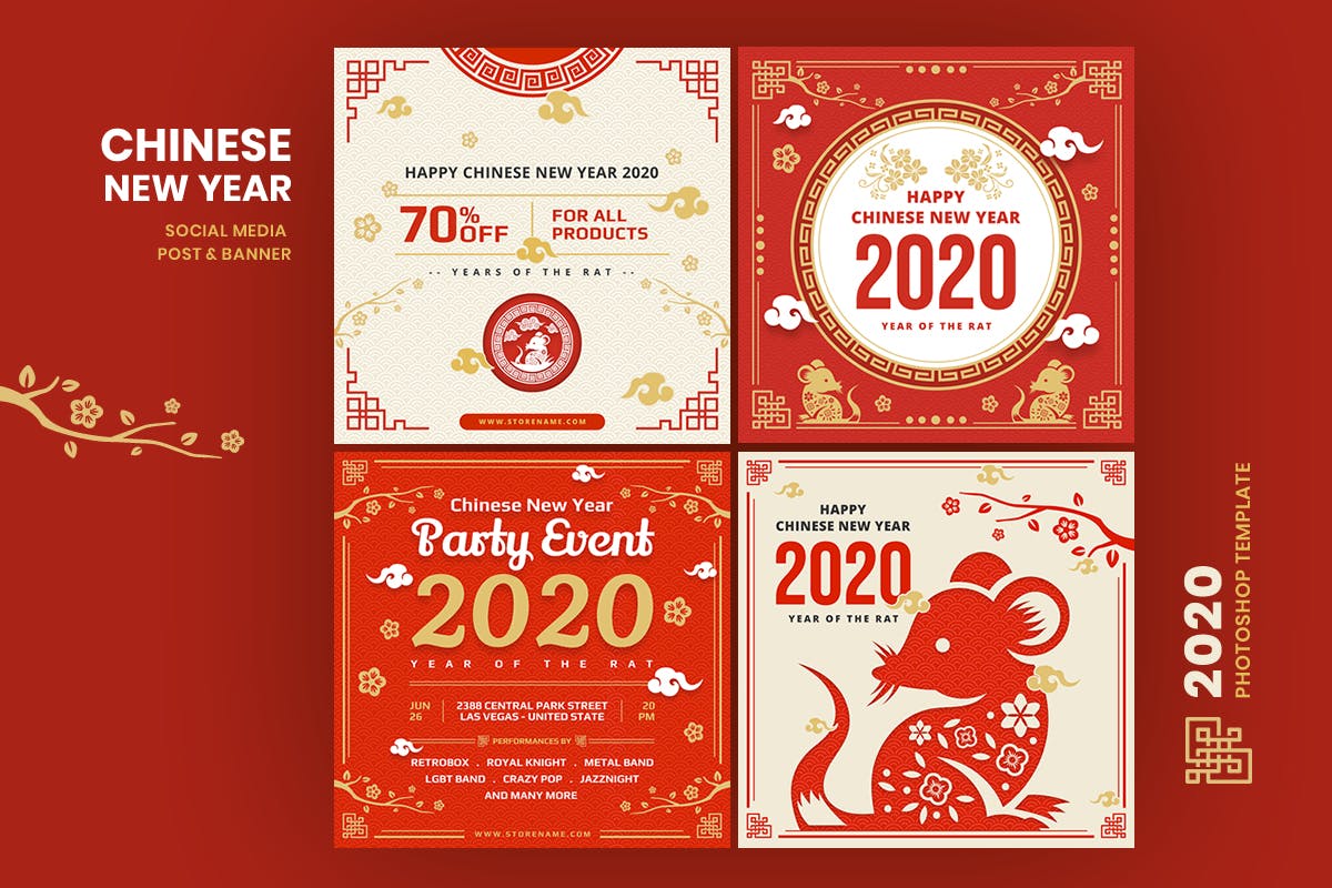 2020年中国新年鼠年主题社交媒体贴图模板第一素材精选 Chinese New Year Social Media Post Template插图