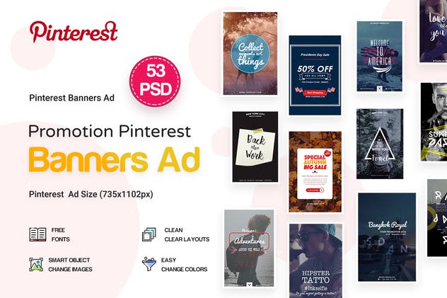 53个Pinterest社交媒体Banner蚂蚁素材精选广告模板 Pinterest Pack Banners Ad – 53 PSD插图(1)