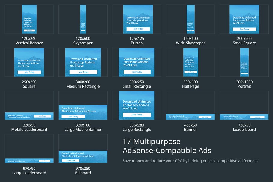 多用途多规格常见尺寸广告图模板第一素材精选 Multipurpose Vibrant Overlay Ad Set插图(1)