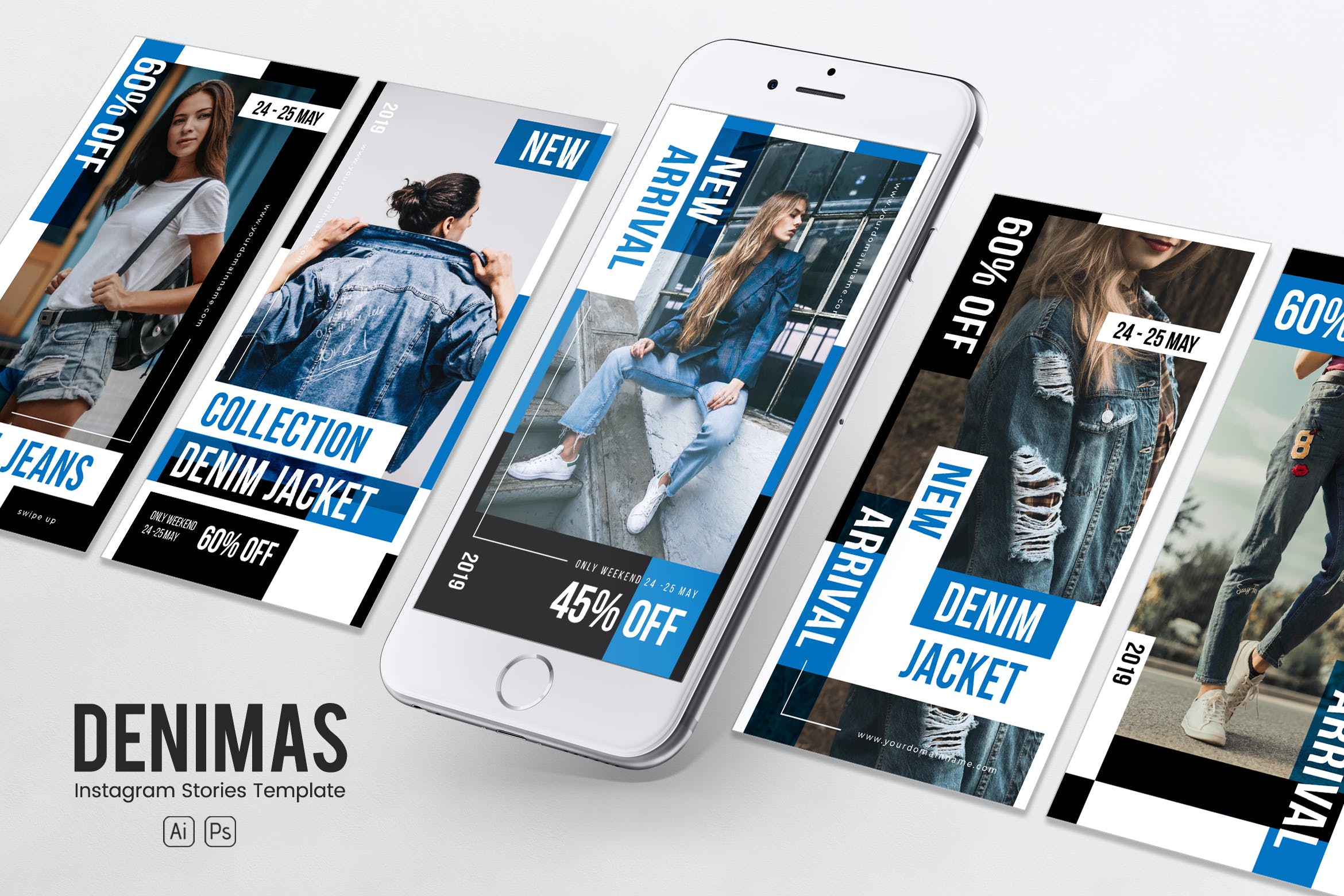 牛仔服饰Instagram品牌推广PSD&AI模板蚂蚁素材精选 Denim Clothing Instagram Stories PSD & AI Template插图