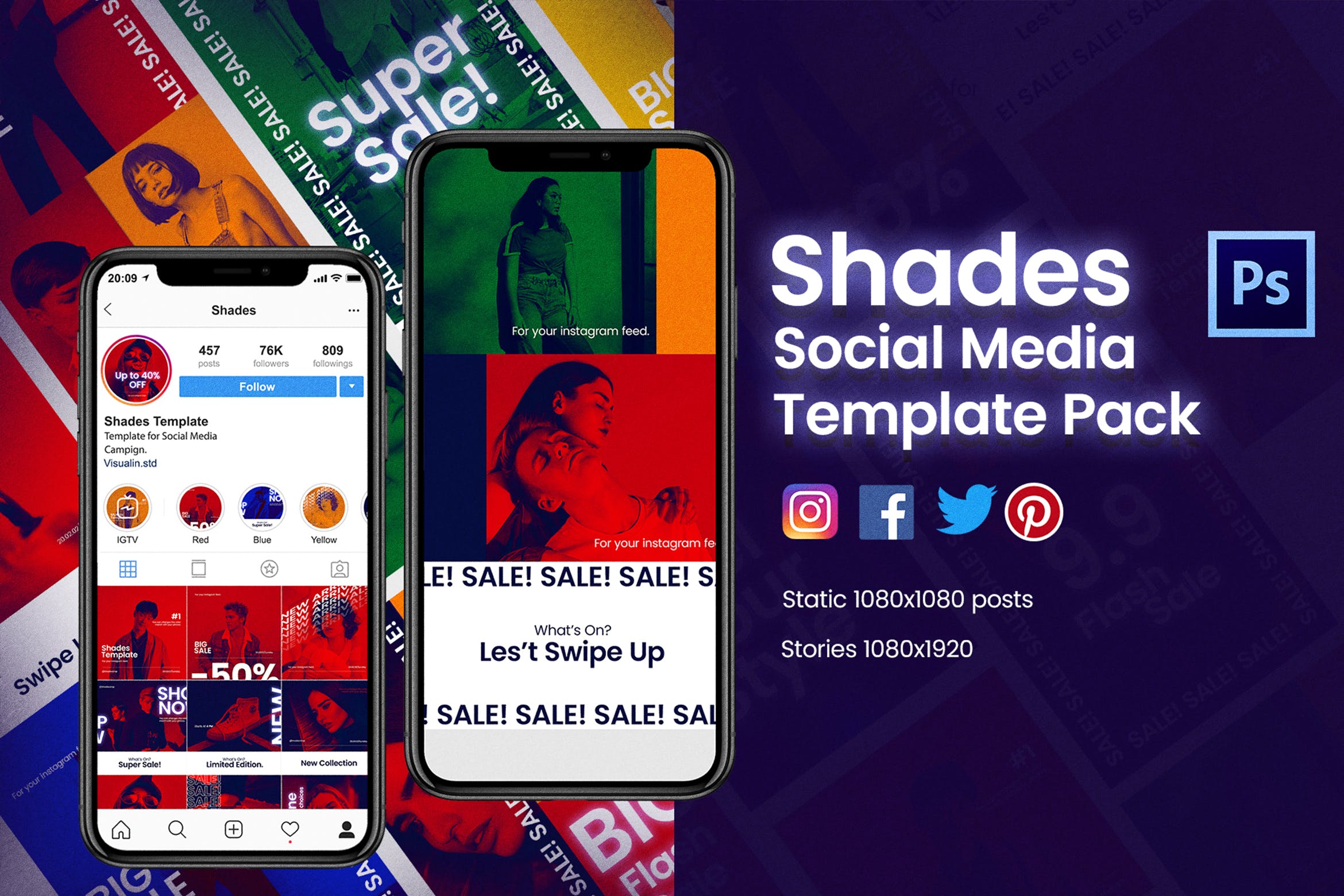 18款社交媒体品牌推广贴图设计PSD模板第一素材精选 Shades Post + Story Social Media Template – JJ插图