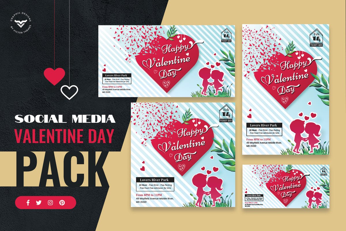 情人节社交媒体Banner广告PSD模板蚂蚁素材精选套装 Valentines Day Social Media Template插图