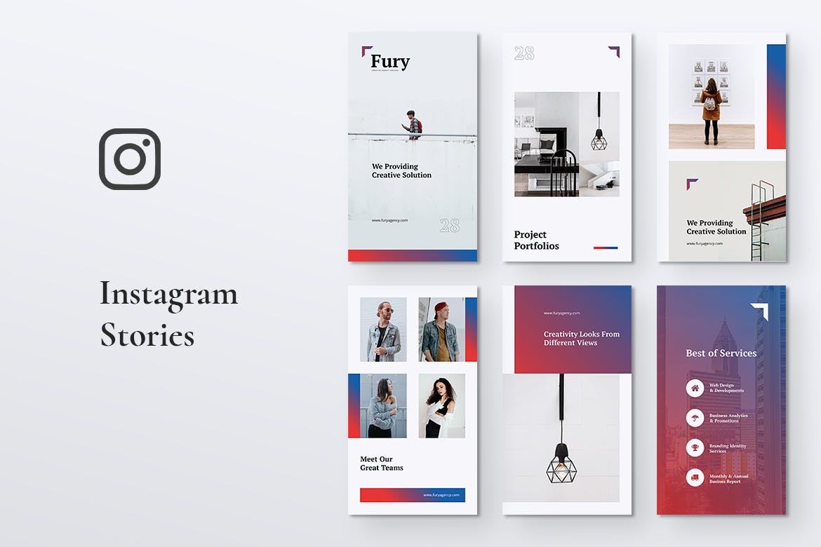 创意代理公司Instagram社交推广设计模板第一素材精选 FURY Creative Agency Instagram Stories插图(2)