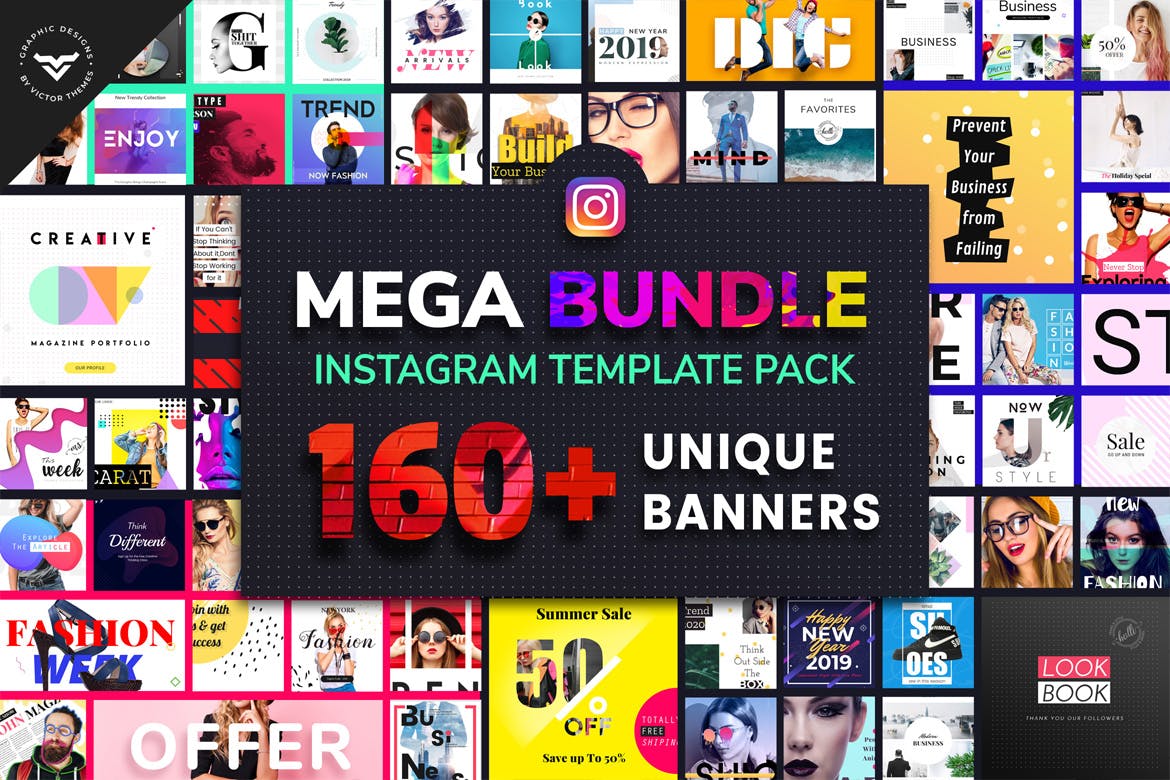 160+社交平台正方形广告Banner设计模板第一素材精选合集 Instagram Mega Bundle Template Pack插图(1)