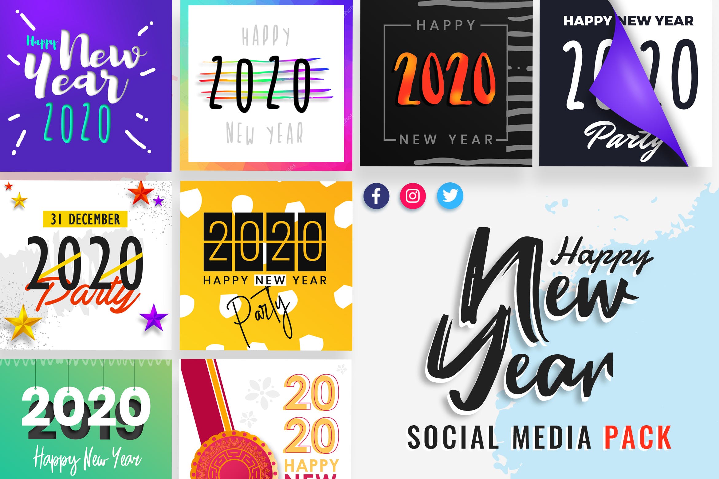 2020新年主题社交媒体贴图设计模板蚂蚁素材精选 New Year Social Media Post Templates插图