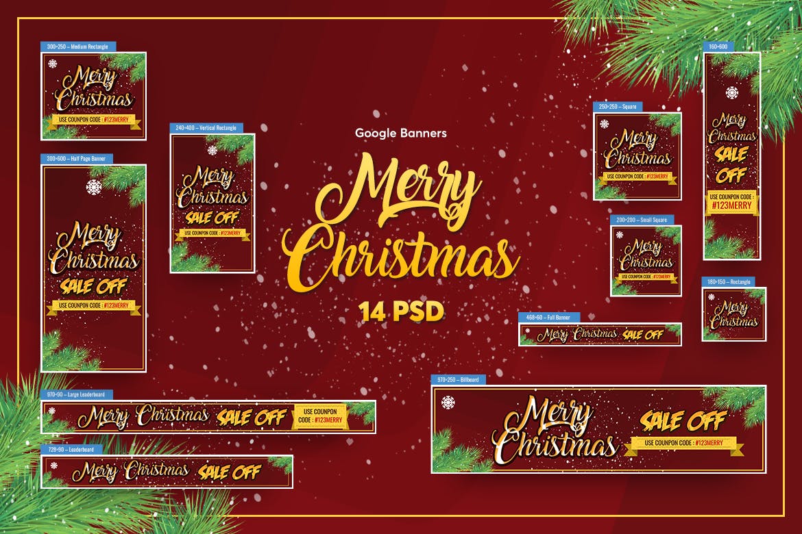 圣诞节主题谷歌广告Banner设计全尺寸套装模板v1 Merry Christmas Banners Ad PSD Template插图1