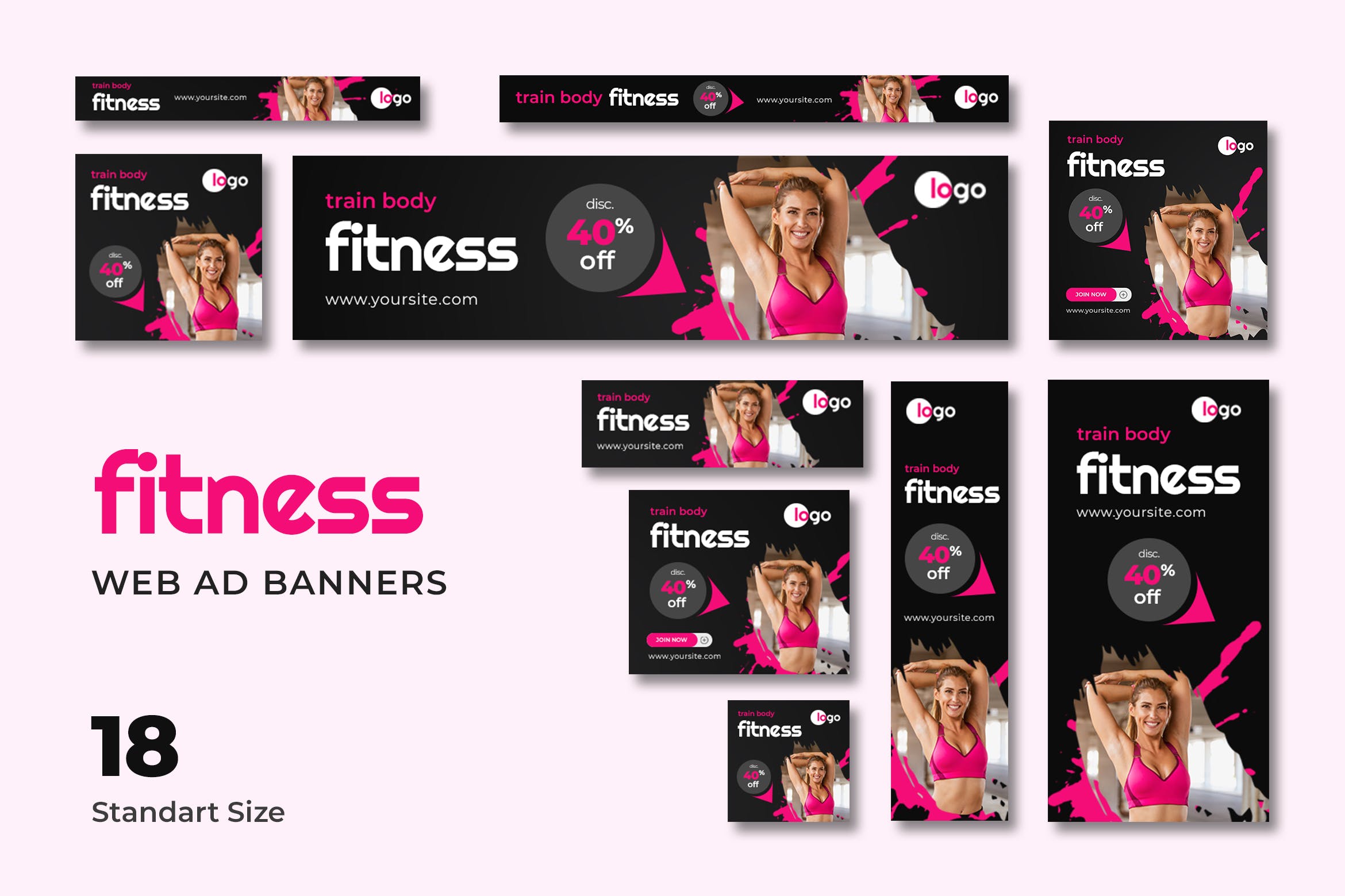 18种标准尺寸健身主题网站广告Banner设计模板 Fitness Web Banner插图