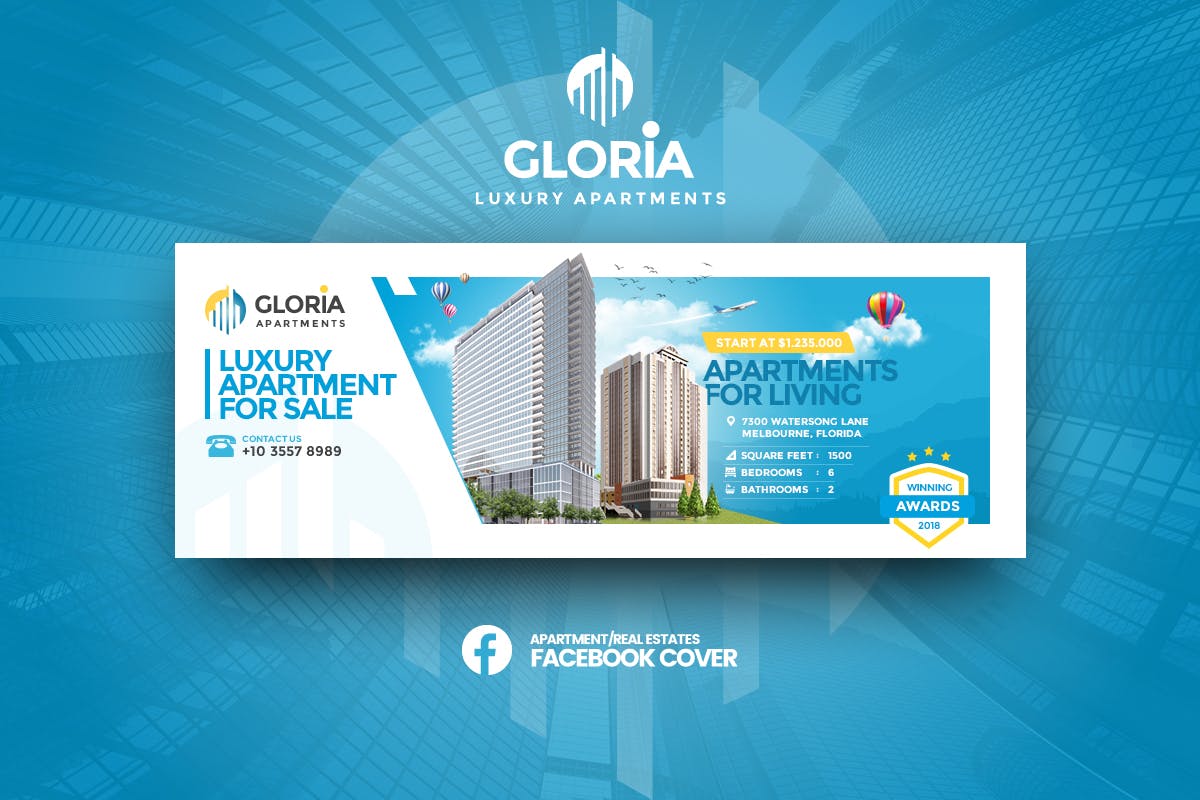 高级公寓出售出租社交大洋岛精选广告模板 Gloria – Apartmens Facebook Cover Template插图