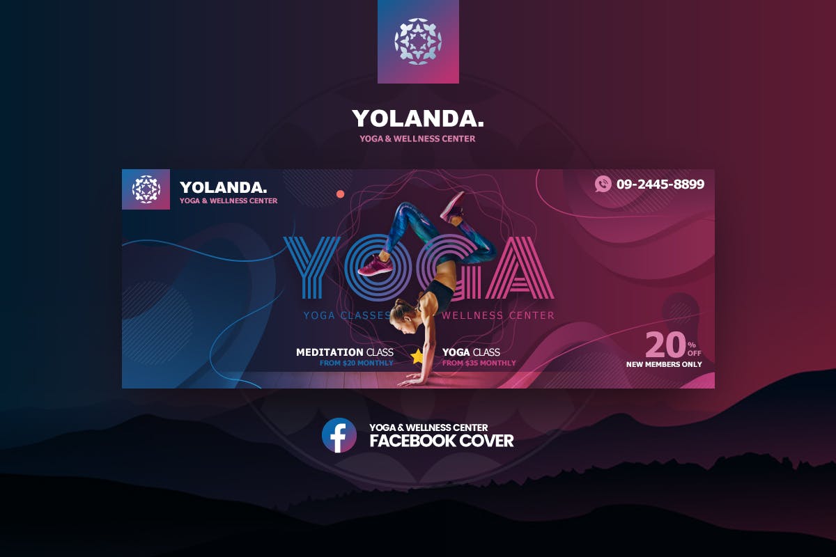 瑜伽&健身俱乐部社交推广第一素材精选广告模板 Yolanda-Yoga & Wellness Facebook Cover Template插图
