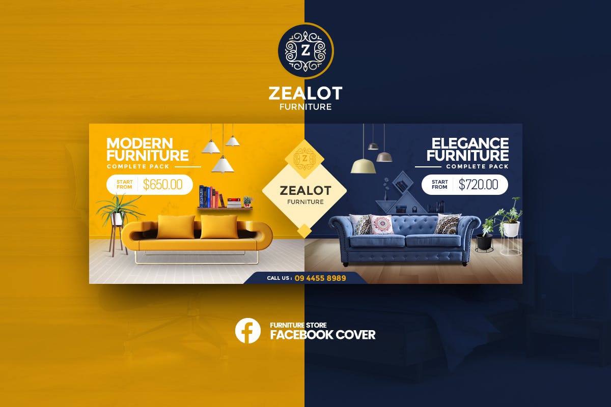 创意奢华家具品牌社交推广广告设计素材 Zealot – Furniture Store Facebook Cover Template插图