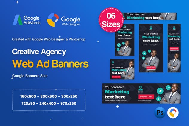 多尺寸谷歌广告设计PSD＆HTML模板合集 Creative, Startup Agency Banners HTML5 D61 – GWD插图1