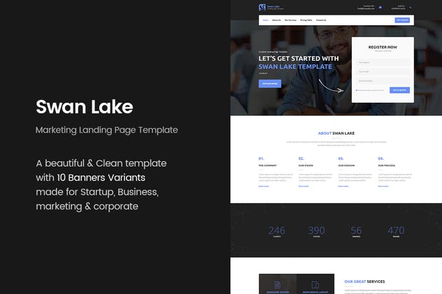 现代创意品牌宣传着陆页HTML模板蚂蚁素材精选 Swan Lake – Marketing Landing Page插图(1)