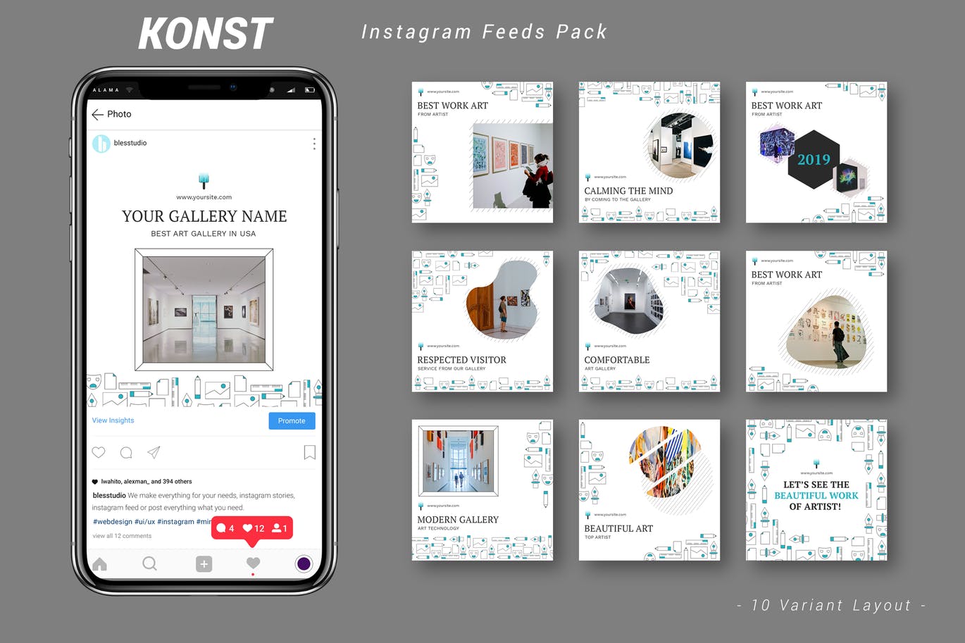 创意艺术展览主题Instagram信息流广告设计模板第一素材精选 Konst – Instagram Feeds Pack插图