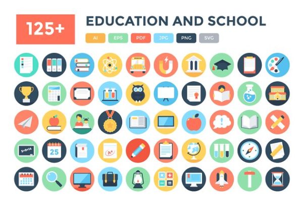 125+枚教育&学校主题图标 125+ Flat Education and School Icons