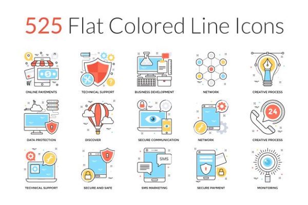 525枚扁平风格彩色线条图标 525 Flat Colored Line Icons缩略图 525枚扁平风格彩色线条图标 525 Flat Colored Line Icons