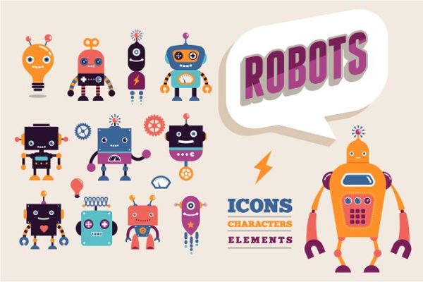 复古老式机器人图标集 Vintage robots set