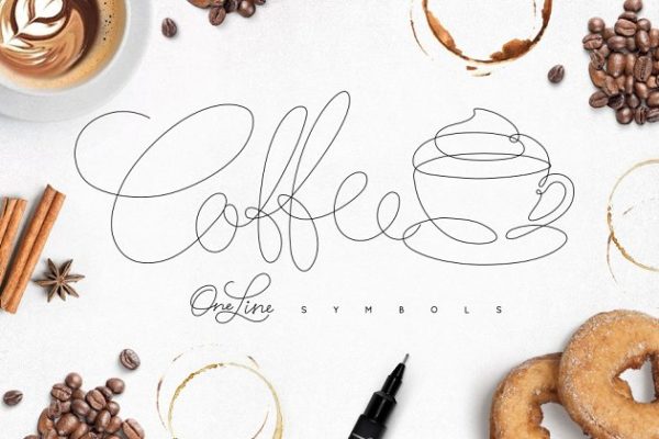 咖啡主题手绘线条符号图标 Coffee One Line Symbols