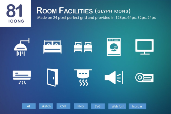 81个房间家具电器设施图标 81 Room Facilities Glyph Icons