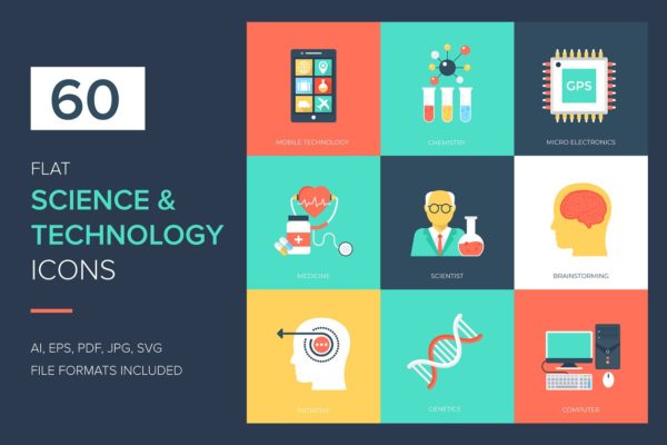 60个科学技术主题扁平矢量图标 60 Science and Technology Flat Icons