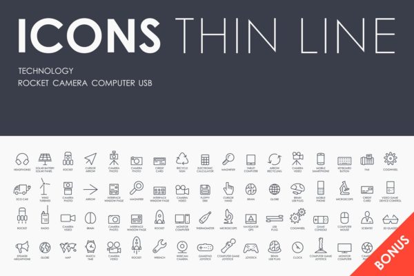 技术科技类细笔画小图标素材 Technology thinline icons + BONUS