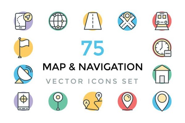 75个粗线条地图导航矢量彩色图标 75 Maps and Navigation Vector Icons缩略图 75个粗线条地图导航矢量彩色图标 75 Maps and Navigation Vector Icons