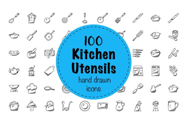 100枚涂鸦风格厨房用具图标 100 Doodles of Kitchen Utensils缩略图 100枚涂鸦风格厨房用具图标 100 Doodles of Kitchen Utensils
