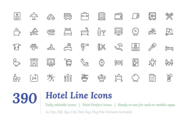 390枚酒店旅馆主题线条图标 390 Hotel Line Icons缩略图 390枚酒店旅馆主题线条图标 390 Hotel Line Icons
