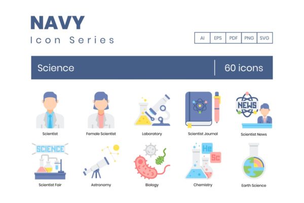 60枚科学技术主题海军蓝图标素材 60 Science Icons | Navy Series