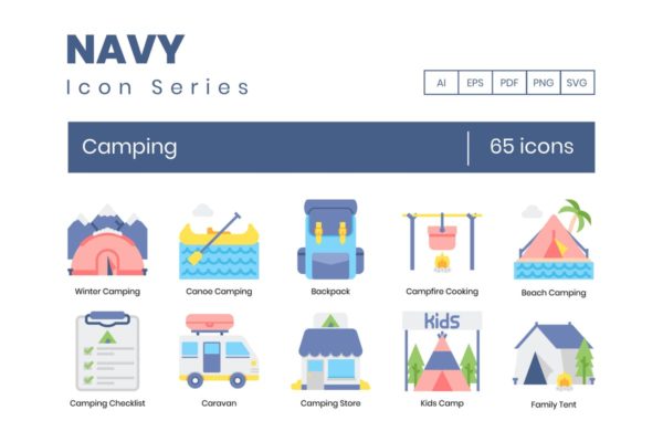 65枚户外露营旅行主题海军蓝图标素材 65 Camping Icons | Navy Series缩略图 65枚户外露营旅行主题海军蓝图标素材 65 Camping Icons | Navy Series