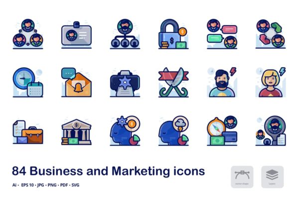 商业和市场营销主题多彩线形图标 Business and marketing detailed filled line icons缩略图 商业和市场营销主题多彩线形图标 Business and marketing detailed filled line icons