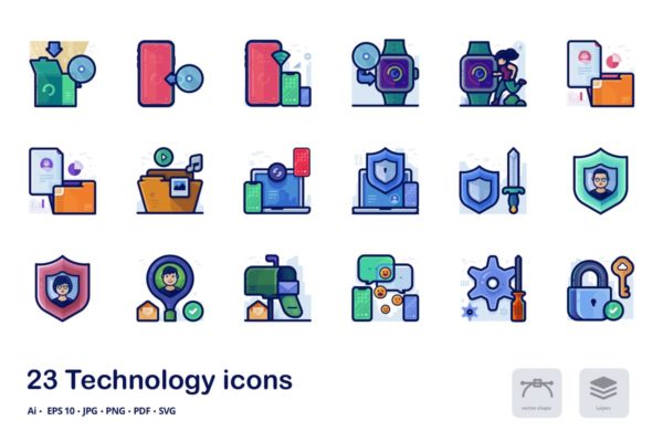 信息技术主题多彩线形图标 Technology detailed filled outline icons缩略图 信息技术主题多彩线形图标 Technology detailed filled outline icons