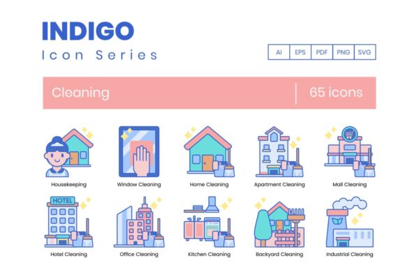 65个靛蓝配色家政清洁服务图标合集 65 Cleaning Icons | Indigo Series缩略图 65个靛蓝配色家政清洁服务图标合集 65 Cleaning Icons | Indigo Series
