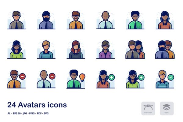 人物头像概念矢量描边图标合集 Avatars Detailed filled outline icons