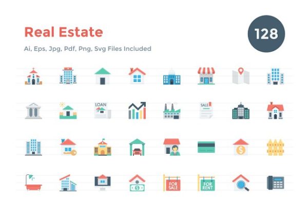 128枚扁平化设计房地产租赁销售主题图标素材 128 Flat Real Estate Icons