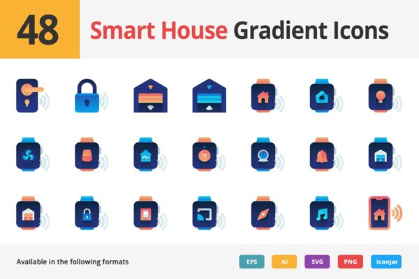 48枚AI智能家居主题渐变图标素材 Smart house Vector Gradient Icons缩略图 48枚AI智能家居主题渐变图标素材 Smart house Vector Gradient Icons