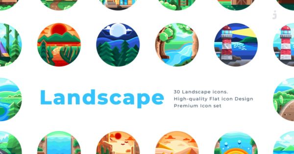 30枚风景景观矢量手绘圆形图标素材 30 Landscape Icons – Flat缩略图 30枚风景景观矢量手绘圆形图标素材 30 Landscape Icons – Flat