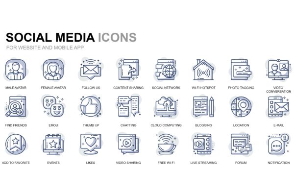 社交媒体互联网细线图标线性图标素材 Social Media and Network Thin Line Icons缩略图 社交媒体互联网细线图标线性图标素材 Social Media and Network Thin Line Icons
