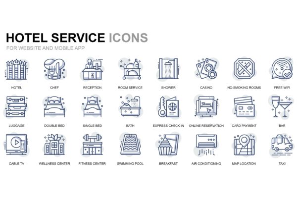 酒店服务主题线性图标素材 Hotel Services Thin Line Icons缩略图 酒店服务主题线性图标素材 Hotel Services Thin Line Icons
