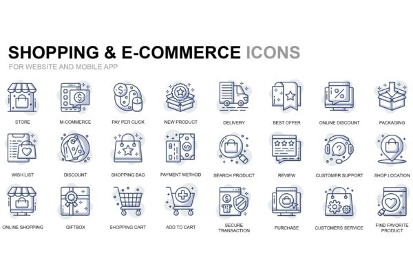 购物&电子商务主题细线图标线性图标素材 Shopping and E-Commerce Thin Line Icons缩略图 购物&电子商务主题细线图标线性图标素材 Shopping and E-Commerce Thin Line Icons
