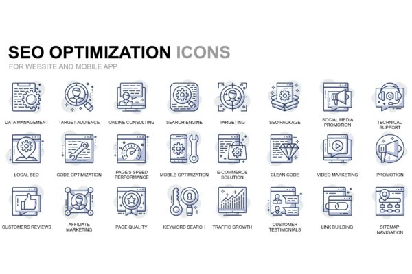 SEO网站优化主题细线线性图标素材 Seo and Web Optimization Thin Line Icons缩略图 SEO网站优化主题细线线性图标素材 Seo and Web Optimization Thin Line Icons