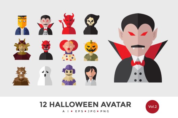 12枚万圣节恐怖怪物头像矢量图标v2 12 Halloween Monster Avatar Vector Illustration 2缩略图 12枚万圣节恐怖怪物头像矢量图标v2 12 Halloween Monster Avatar Vector Illustration 2