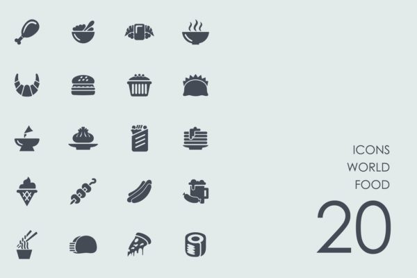 一组20个美食元素矢量图标  World food icons